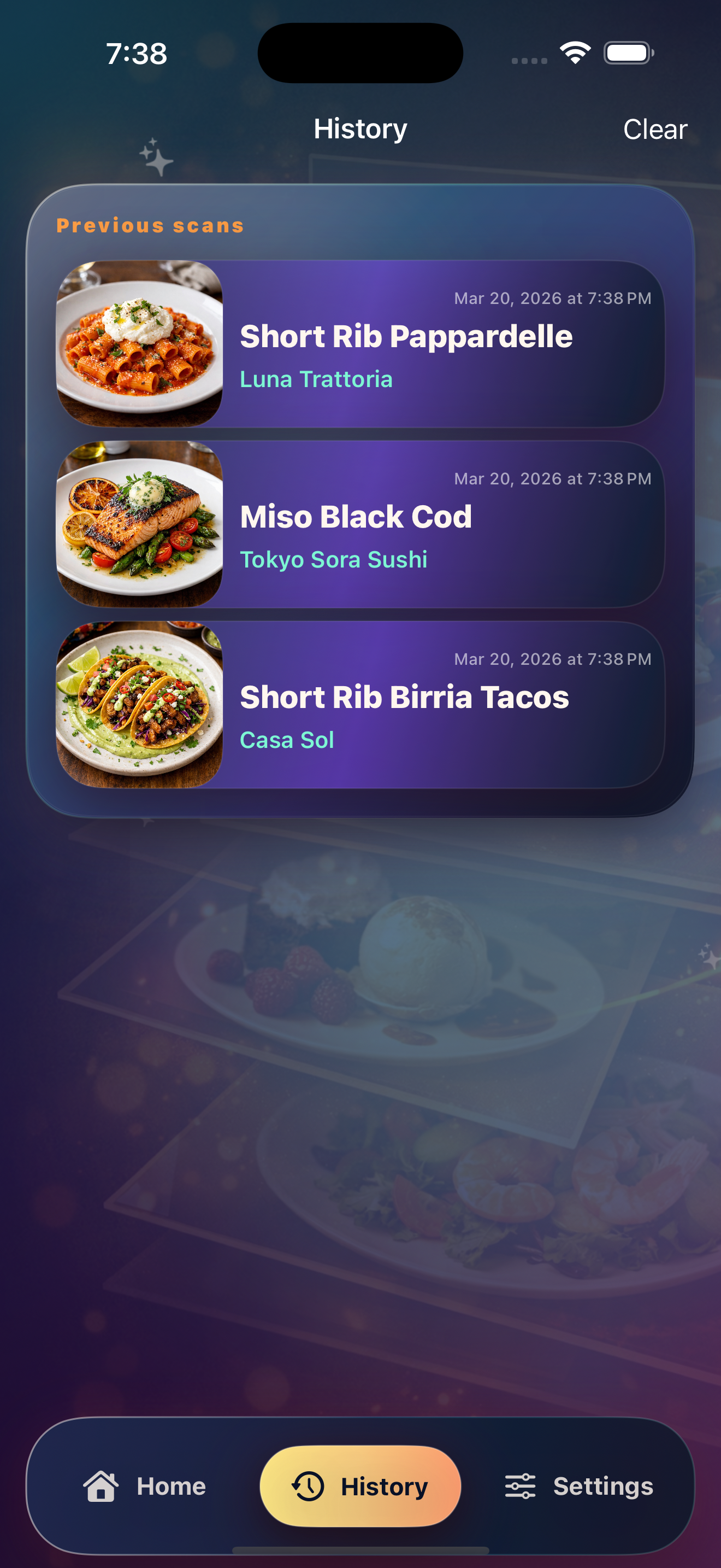 OrderThis history screen showing saved past menu recommendations
