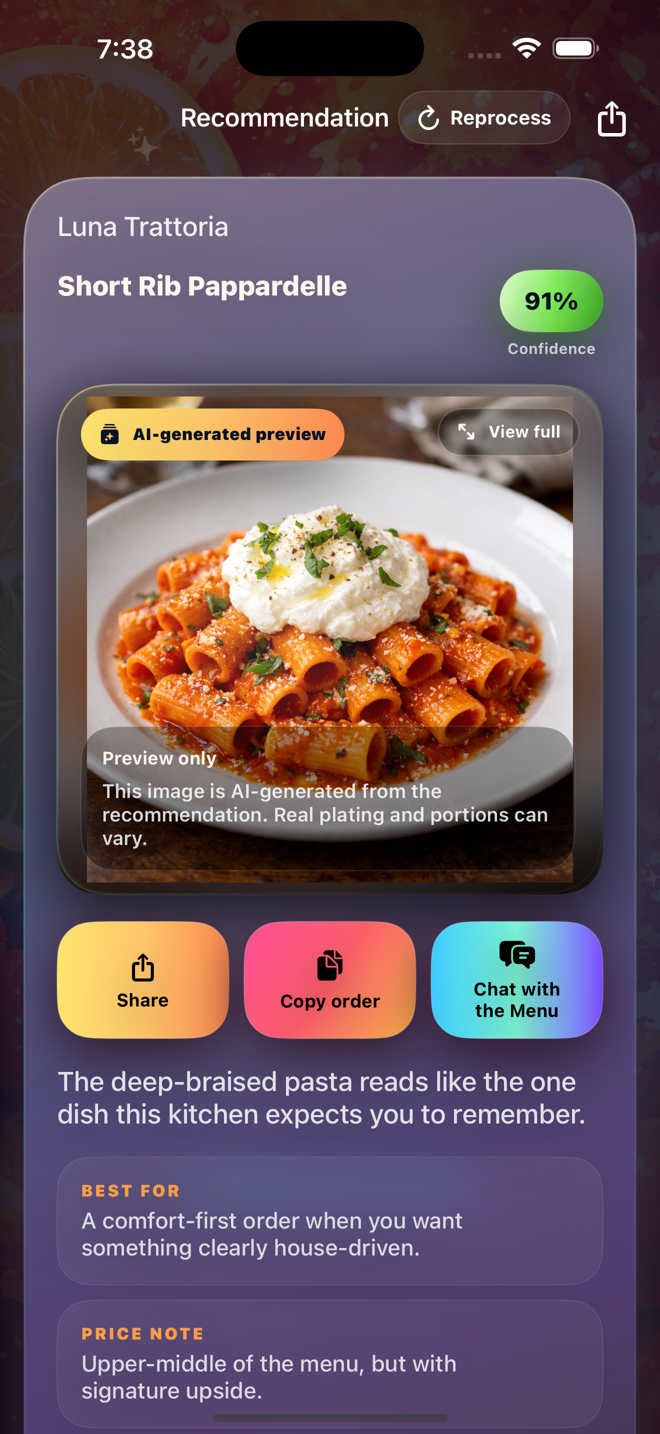 Current OrderThis recommendation results screen